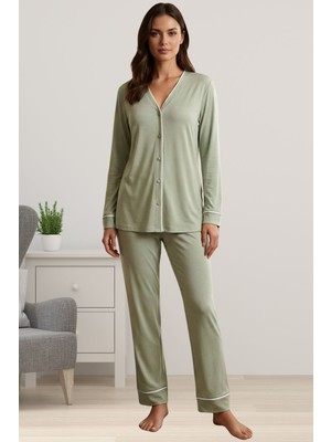 Effortt Pamuklu Kumaş Önden Düğmeli Rahat Kesim Hamile Lohusa Pijama Takımı - Yeşil