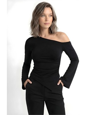 Kurun's Collection Soft Kumaş Bel Yandan Bağcıklı Kayıık Yaka Ispanyol Kol Bluz