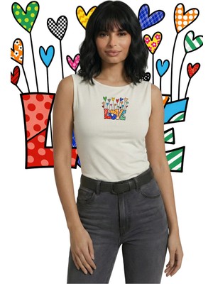 Kurun's Collection Love Renkli Kalpler Baskılı Soft Kumaş Kayık Yaka Kolsuz Bluz