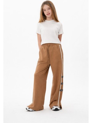 Haykids Kız Çocuk / Genç Kız Beyaz Şerit Detaylı Yırtmaçlı Bol Paça Palazzo Eşofman Takımı