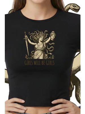 Kurun's Collection Medusa Baskılı Soft Kumaş Bisiklet Yaka Crop Uzun Kol Bluz