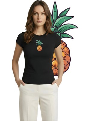 Kurun's Collection Ananas Baskılı Soft Kumaş Bisiklet Yaka Basic Kısa Kol Bluz