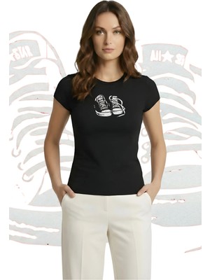 Kurun's Collection Ayakkabı Baskılı Soft Kumaş Bisiklet Yaka Basic Kısa Kol Bluz