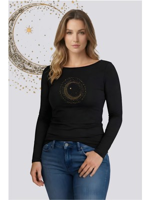 Kurun's Collection Hilal ve Yıldızlar Baskılı Soft Kumaş Kayık Yaka Uzun Kol Bluz