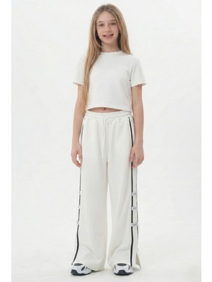 Haykids Kız Çocuk / Genç Kız Beyaz Şerit Detaylı Yırtmaçlı Bol Paça Palazzo Eşofman Takımı