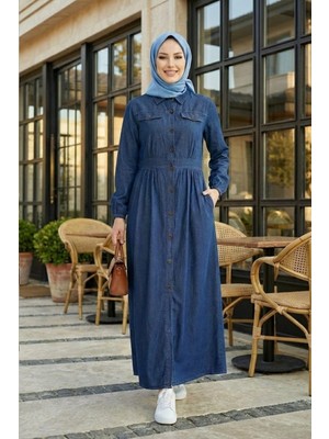 Kadın Düğmeli Uzun Koyu Kot Mavi Tesettür Elbise