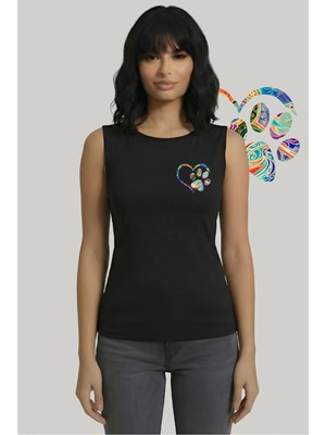Kurun's Collection Paw Heart Baskılı Soft Kumaş Kayık Yaka Kolsuz Bluz