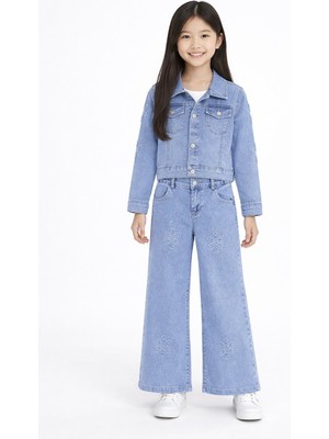 Cansın Mini Mavi Çiçek Nakışlı Jean Ceket ve Pantolonlu Kız Çocuk 2li Takım 23737