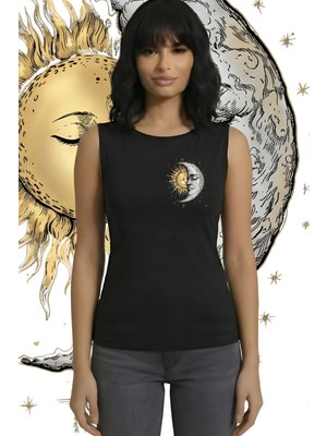 Kurun's Collection Moon And Sun Baskılı Soft Kumaş Kayık Yaka Kolsuz Bluz