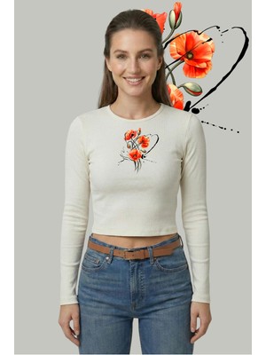 Kurun's Collection Turuncu Çiçek Baskılı Soft Kumaş Bisiklet Yaka Crop Uzun Kol Bluz