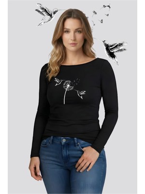 Kurun's Collection Soft Flight Baskılı Soft Kumaş Kayık Yaka Uzun Kol Bluz