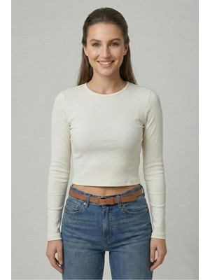 Kurun's Collection Soft Kumaş Bisiklet Yaka Crop Uzun Kol Bluz