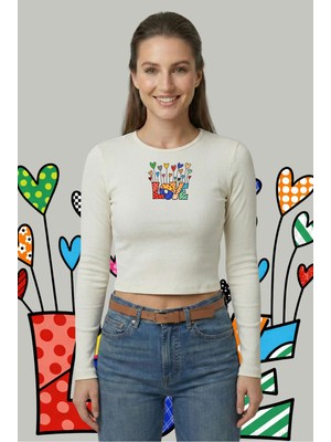 Kurun's Collection Love Renkli Kalpler Baskılı Soft Kumaş Bisiklet Yaka Crop Uzun Kol Bluz