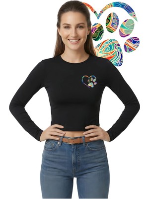 Kurun's Collection Paw Heart Baskılı Soft Kumaş Bisiklet Yaka Crop Uzun Kol Bluz