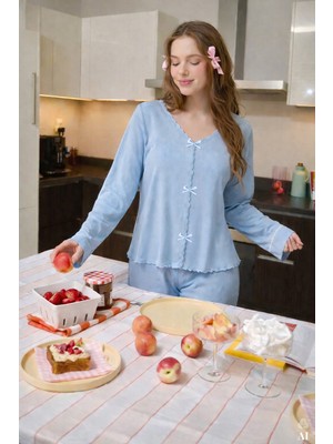 Koza İç Giyim Kadın Pamuklu Dantel ve Kurdele/Fiyonk Detaylı Kaşkorse Renkli Pijama Takımı