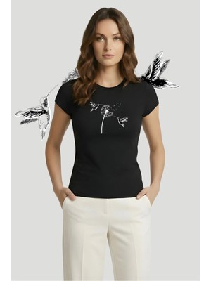 Kurun's Collection Soft Flight Baskılı Soft Kumaş Bisiklet Yaka Basic Kısa Kol Bluz