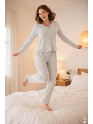 Koza İç Giyim Kadın Pamuklu Dantel ve Kurdele/Fiyonk Detaylı Kaşkorse Renkli Pijama Takımı