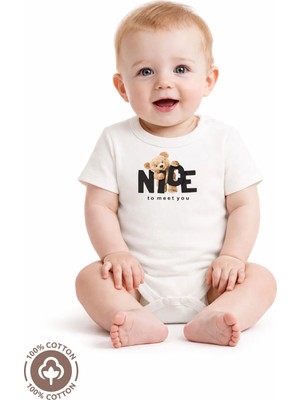 Miniel Unisex Özel Tasarım Organik Pamuklu Nice Ayıcık Baskılı 3-6-9-12 Ay Bebek Body Ekru Badi Zıbın
