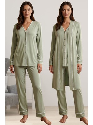 Effortt Emzirme Özellikli Sabahlıklı Hamile Lohusa Pijama Takımı - Yeşil