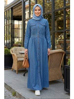 Kadın Düğmeli Uzun Açık Kot Mavi Tesettür Elbise