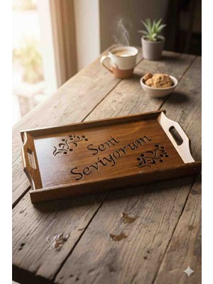 Dekoratif Lazer Işlemeli Masif Ahşap Sunum Tepsisi - Seni Seviyorum Temalı