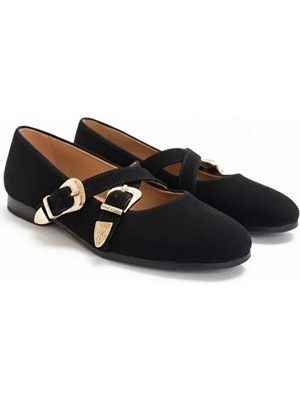 Ne&Ve Shoes Siyah Süet Hakiki Deri Çapraz Bantlı Aksesuar Detaylı Kadın Yuvarlak Burun Babet