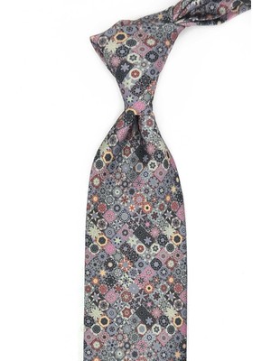 Kravatkolik Gri - Çok Renkli Motif Desen Baskılı Klasik Mendilli Kravat KK13338