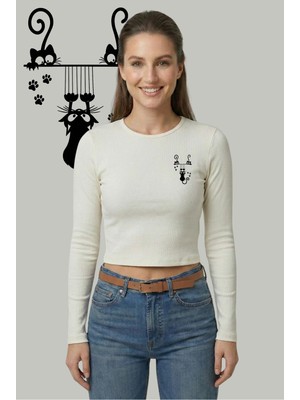 Kurun's Collection Sol Göğüs Kediler Baskılı Soft Kumaş Bisiklet Yaka Crop Uzun Kol Bluz