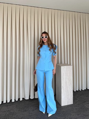 Laluvia Mavi Balon Kol Düğmeli Ceket Pantolon Takım - 0440