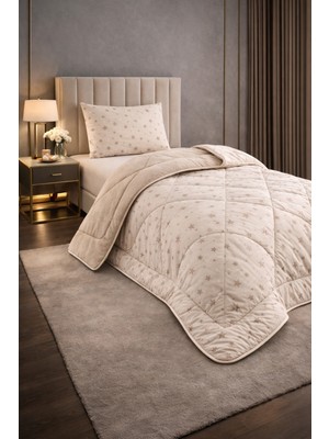 Teksnil Home Tek Kişilik Yorgan Seti Bej Yıldız Desenli Welsoft,anti Alerjik,çift Taraflı (Yorgan + 1 Yastık Kılıfı)