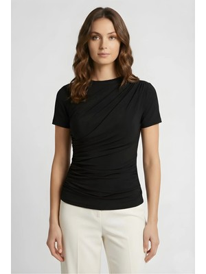 Kurun's Collection Soft Kumaş Bisiklet Yaka Büzgü Detaylı Kısa Kol Bluz