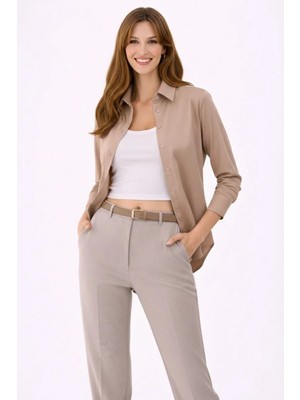 Kadın Uzun Kollu Gömlek Düğmeli Klasik Yaka Günlük ve Ofis Şıklığına Uygun - Bej