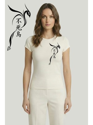 Kurun's Collection Kara Anka Baskılı Soft Kumaş Bisiklet Yaka Basic Kısa Kol Bluz