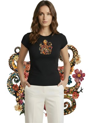 Kurun's Collection Ahtapot Basklı Soft Kumaş Bisiklet Yaka Basic Kısa Kol Bluz