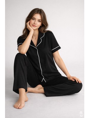 Koza İç Giyim Kadın Kısa Kollu Viskon - Yumuşak Dokulu Düğmeli Biyeli Bol Paça Pijama Takımı