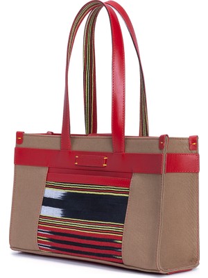 K'ai&Vrosi Midi Zua Kırmızı Deri Koyu Taba Kanvas Omuz Çantası