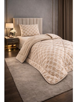 Teksnil Home Tek Kişilik Yorgan Seti Bej Zincir Desenli Welsoft,anti Alerjik,çift Taraflı (Yorgan + 1 Yastık Kılıfı)