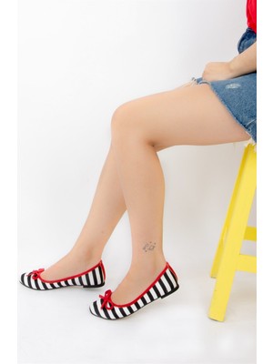 Fox Shoes Siyah/Beyaz/Kırmızı Kadın Babet F726037004