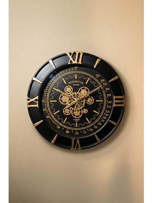 Perotti Waller V2 Çarklı Duvar Saati 60 cm Dönen Dişli Mekanizmalı Siyah Gold Tasarım