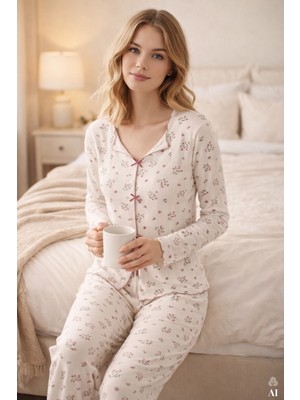 Koza İç Giyim Kadın Pamuklu Çıtır Çiçek Desenli Baby Overloklu Fiyonklu Uzun Kollu Pijama Takımı