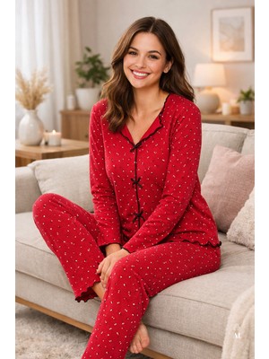 Koza İç Giyim Kadın Pamuklu Çıtır Çiçek Desenli Baby Overloklu Fiyonklu Uzun Kollu Pijama Takımı