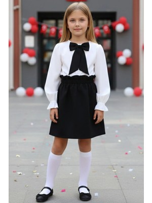 Parla Kids Kız Çocuk Uzun Kollu Siyah Etek Ekru Bluz Fular Takım 23 Nisan Takım Gösteri Kıyafeti