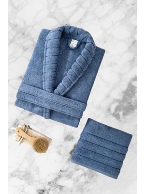 Rubby Avm Aqualoom Lüx Erkek Bornoz ve Havlu Seti %100 Pamuklu Mavi