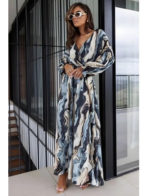 Hiccup Kadın Msn Soyut Desenli, Yırtmaçlı, V Yakalı Maksi Elbise Toz Mavi