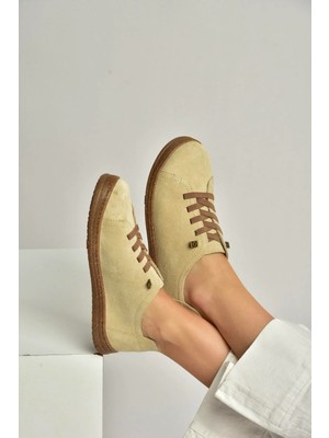 Fox Shoes Y999364002 Bej Hakiki Deri Süet Kadın Spor Ayakkabı Sneakers