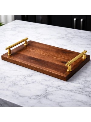 Kumi Lüks El Yapımı Ceviz Ağacı Servis Tepsisi - Gold Metal Kulplu (45X25 Cm)