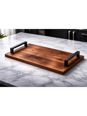 Kumi Lüks El Yapımı Ceviz Ağacı Servis Tepsisi - Gold Metal Kulplu (45X25 Cm)