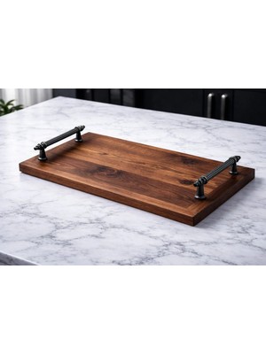 Kumi Lüks El Yapımı Ceviz Ağacı Servis Tepsisi - Gold Metal Kulplu (45X25 Cm)