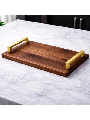 Kumi Lüks El Yapımı Ceviz Ağacı Servis Tepsisi - Gold Metal Kulplu (45X25 Cm)
