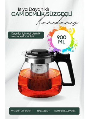 Hanedanev Isıya Dayanıklı Süzgeçli Cam Demlik 900 ml Çaycı Çay Makinesi Demliği Teapot 900 ml